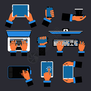 键盘和手素材手持不同的计算机设备膝上型电脑智能手机平板电脑和其他工具平板式的矢量图象电脑和膝上型人类手图中的装置持不同计算机设备的手膝上型电插画