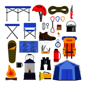 登山工具露营或旅行矢量说明成套设备旅行和户外冒险帐篷和背包手电筒望远镜设备徒步和登山设备插画