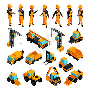 建筑物工人和设备运输图示图片