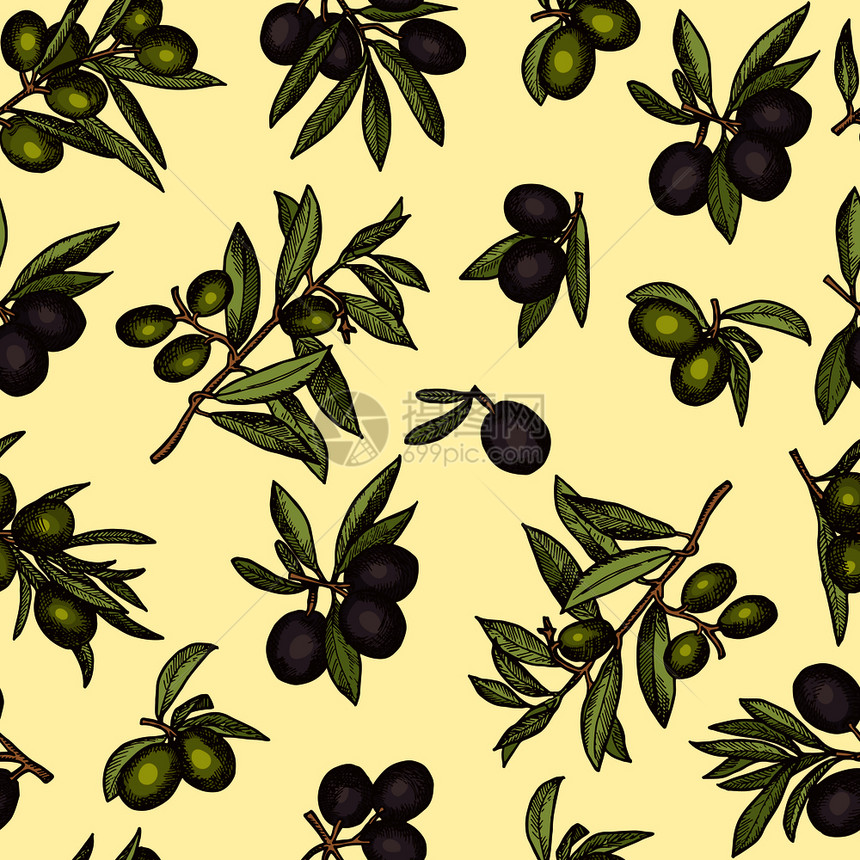 以不同的橄榄产品和健康食为无缝图案包件设计装图片无缝案橄榄枝矢量图案不同橄榄产品和健康食的无缝图案包件设计装图片图片