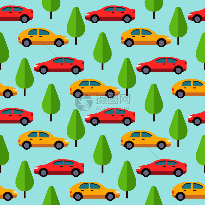汽车和树木无缝模式设计矢量图图片