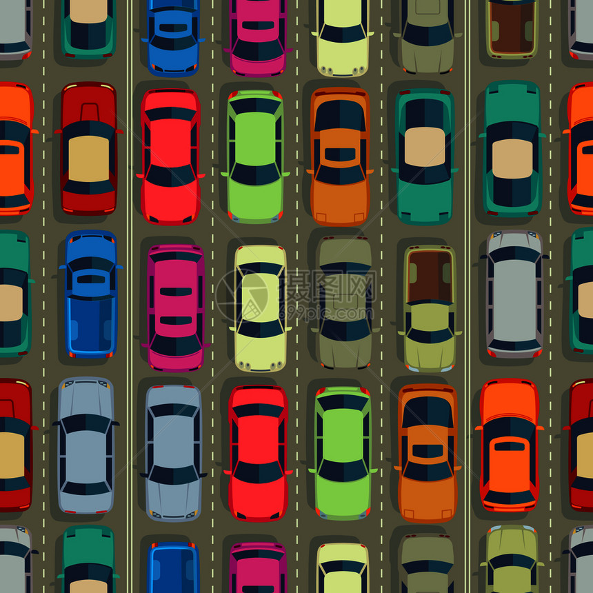 城市汽车无缝纹理城市交通大堵塞矢量图片