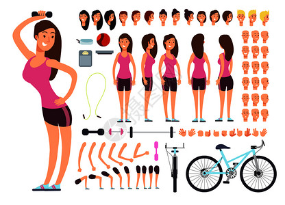 女健身服装女青年运动员卡通分解图插画