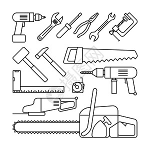 螺丝图标白色背景上的薄线黑图标螺丝起子钻锯和锤等工具矢量图解工具薄线图标背景