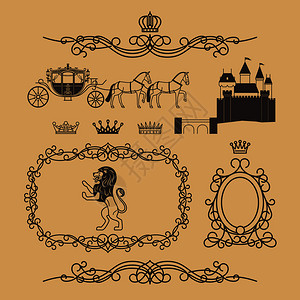 灰姑娘城堡与王冠座城堡和冠狮子的古老皇家元素和王妃装饰病媒说明皇家和王妃装饰元素的古老王室和妃装饰元素插画
