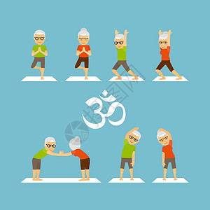 Yogaldies老年人瑜伽蓝色背景上的彩图标矢量插老年人瑜伽图标图片