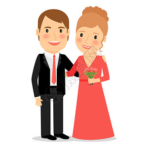 已婚夫妇妻穿西装的男人红裙子的女人花束矢量插图带花束的幸福夫妇图片