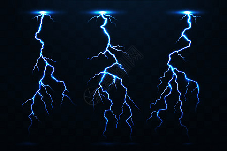 被打托塔天王雷电和闪现实的雷暴闪在夜天空中电蓝色闪在透明矢量设定时被隔离雷电和闪暴插画