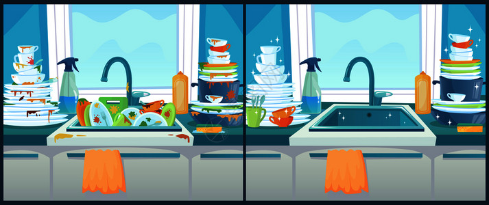 凌乱厨房脏乱差的厨房和清洁过的厨房卡通矢量插画插画