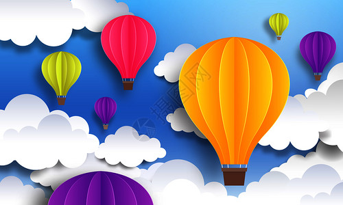 折纸风格气球蓝天白云下的七彩热气球插画