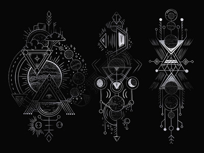 阿香米线神圣的几何卫星神秘的启示箭头线和神秘谐的手绘画光学或马索托图炼金学或超自然的传矢图抽象的魔法纹身神秘的启示箭头线和神秘的谐画手的插画