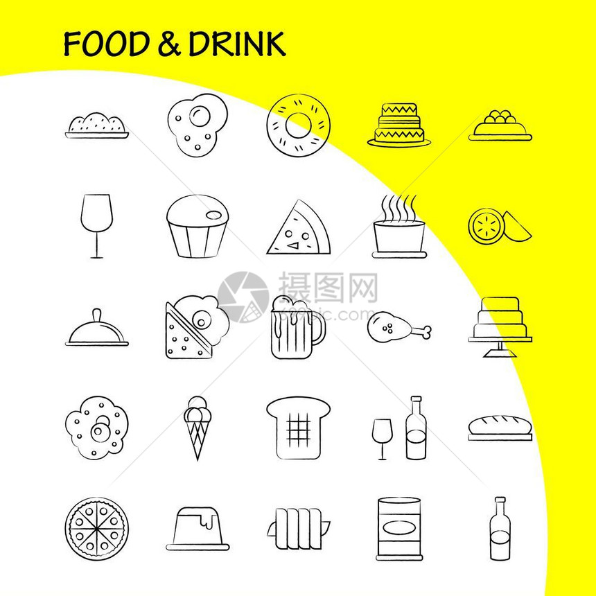 网络印刷品和移动式ux工具箱例如kiw食物饮面包蛋糕介质象形图包的标图片