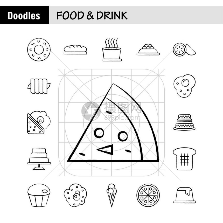网络印刷品和移动式ux工具箱例如kiw食物饮面包蛋糕介质象形图包的标图片