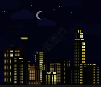 月亮酒店城市夜景插画
