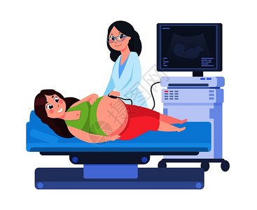 丈夫和孕妇卡通孕妇超声波检查插画