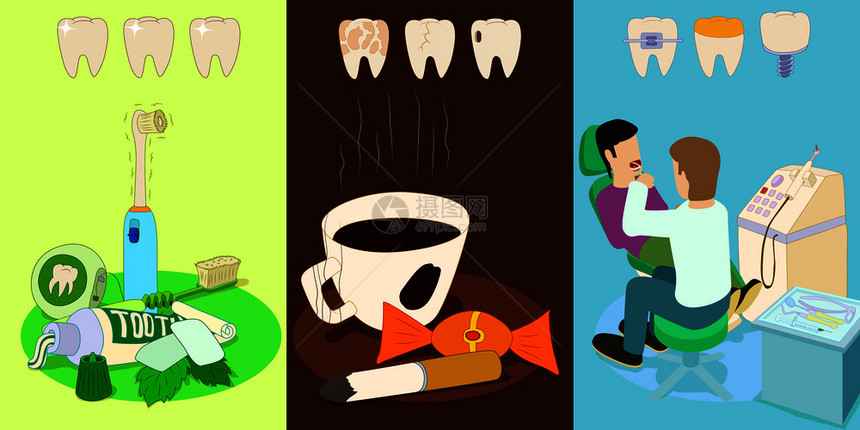 牙科横幅概念集3牙科矢量水平横幅概念的卡通插图牙科横幅集卡通风格图片