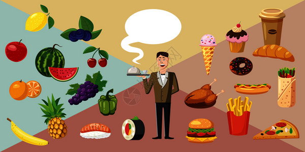 弗里德里希沙芬食物横幅概念服务员食物矢量横向幅概念的漫画插图食物矢量横向幅概念用于网络食物横幅服务员漫画风格食物横标服务员插画