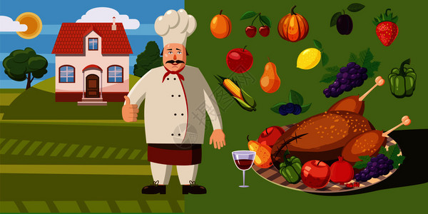 弗里德里希沙芬食物横旗烹饪概念食物矢量横向幅网络概念的漫画插图食物横旗烹饪卡通风格插画