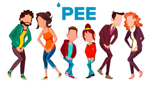 小便失禁在公共厕所排队憋尿的卡通人物矢量插画插画