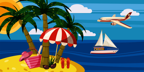 岛宝莱卡通风格海边度假插画