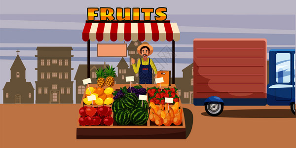 多彩水果混合水果亭横幅概念矢量图插画