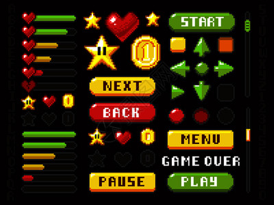 像素游戏按钮导航和标记元素以及符号矢量设置按钮界面游戏箭头和播放前后下一个插图像素游戏按钮导航和标记元素以及符号矢量设置背景图片