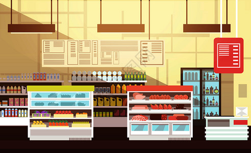 超市各种素材零售商店市场配有各种食物的超市现代级场空室内公寓式矢量插图插画
