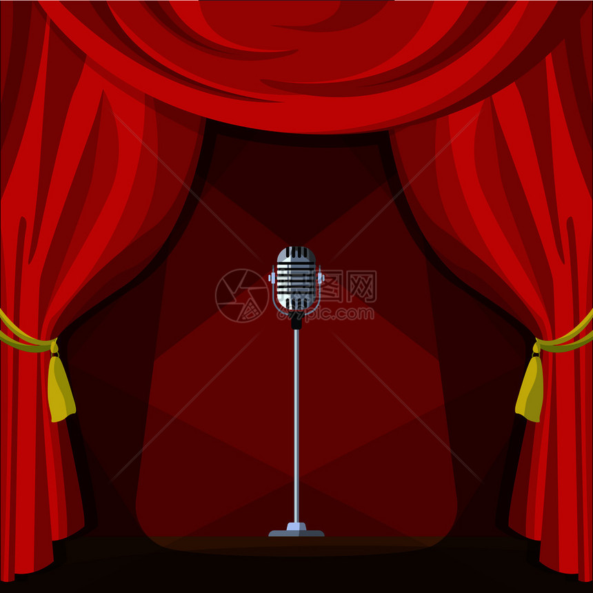 带红色窗帘和反转式麦克风的场景卡通格的矢量说明音乐会娱戏剧活动带红色窗帘和反转式麦克风的场景卡通风格的矢量说明图片