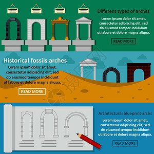 古代建筑矢量箭头类型横幅水平概念集面显示3个箭头矢量水平概念用于网络横幅平面风格插画