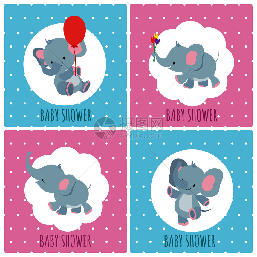婴儿淋浴邀请卡配有可爱的通大象矢量套装婴儿淋浴横幅滑稽请柬和明信片插图图片