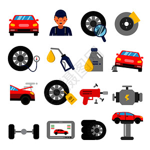 汽车爆胎汽车零件轮和胎服务平板说明图插画