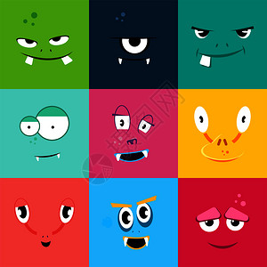 一组卡通怪兽面对不同的情绪彩色平板怪兽面对的人物矢量说明图片