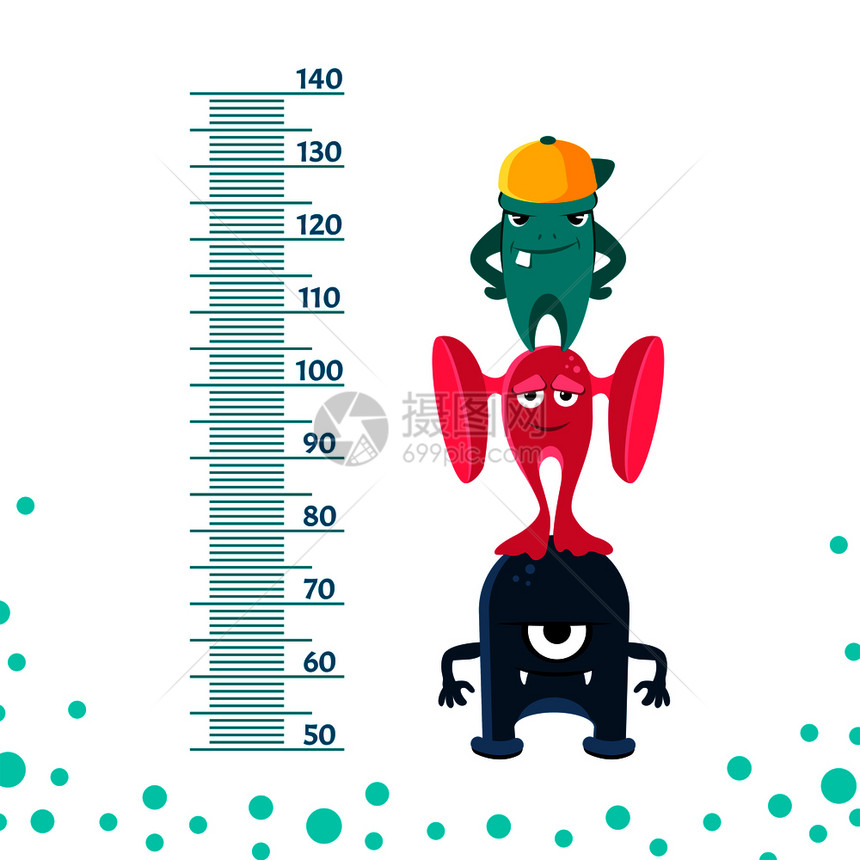从50公尺到14分高的壁或度计上面有可爱的怪物在米墙厘上测量高度用矢说明壁或高度计从50公分到14上面有可爱的怪物图片