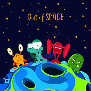 宇宙飞船背景与卡通风格的怪物矢量图图片