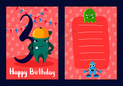 一张带有三岁插图怪兽生日卡图片