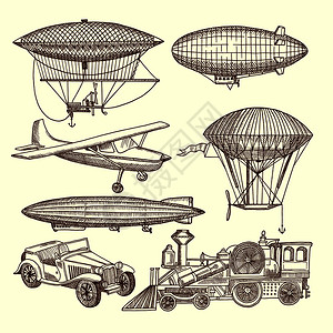 气球式蒸汽船式的成套机器插图插画