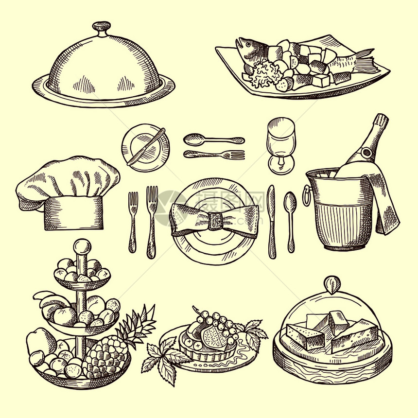 餐桌上的食物用于设计餐厅菜单的色相片用于菜单的矢量餐厅盘用于菜单的草图晚餐绘画插用于菜盘的食品图片