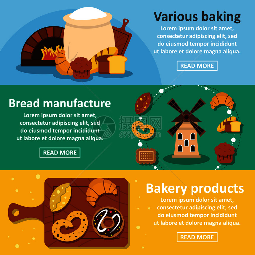 面包产品横幅向概念集3个面包产品矢量横幅图示供网络使用面包产品横幅平板风格图片