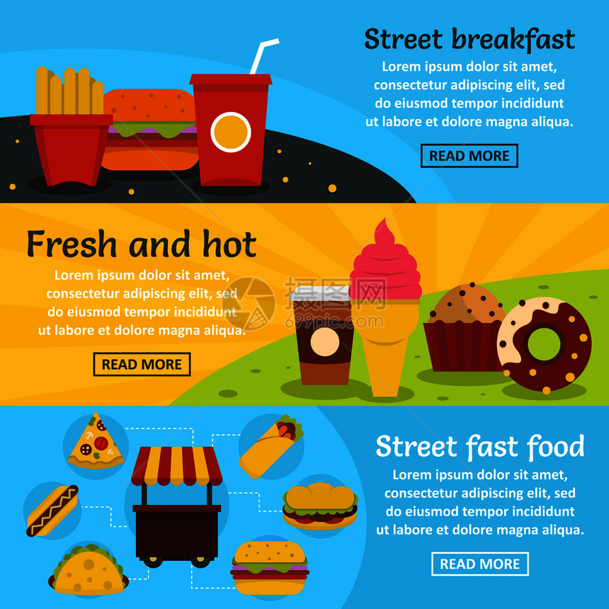 街头快餐横幅条套向概念3个街道快餐矢量横线用于网络的平面图示街道快餐横平板风格图片