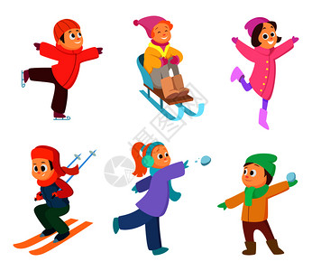 男孩拉扯雪橇各种冬季项目的儿童插画