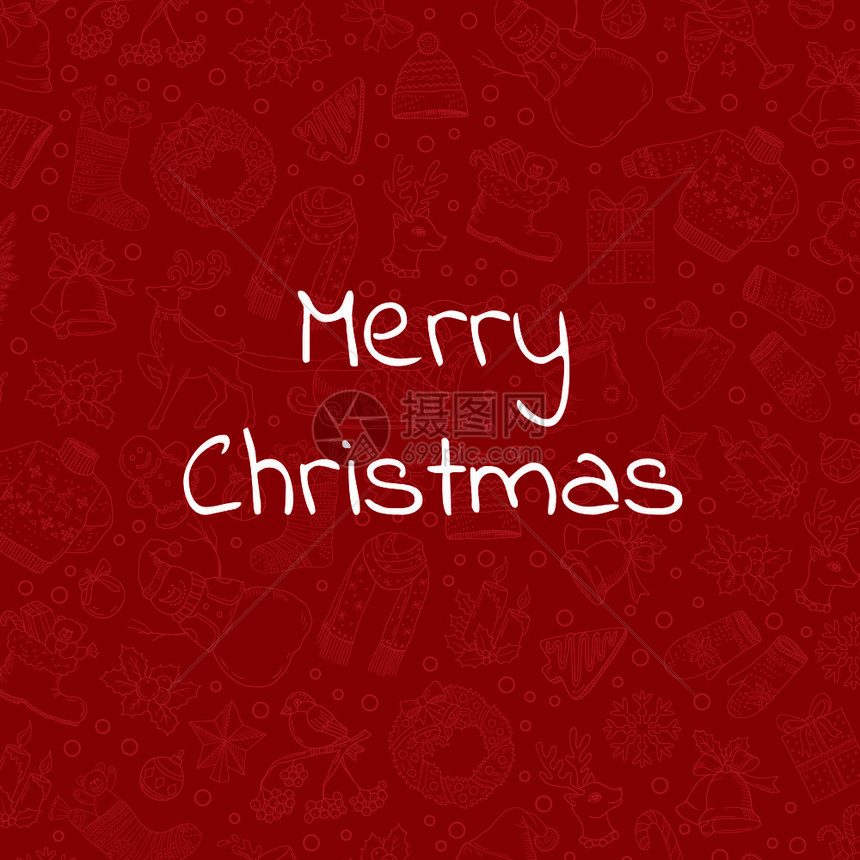 手工绘制的圣诞红背景图示和文字位置的红背景图示上圣诞树礼品和钟声手工绘制的圣诞红背景图示和文字位置的圣诞红背景图图片