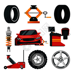 矢量汽车轮胎汽车轮胎修理和维护矢量图插画