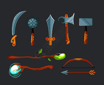 长箭头以灰色背景隔离的游戏设计刀斧手和弓箭中世纪和魔术师插画
