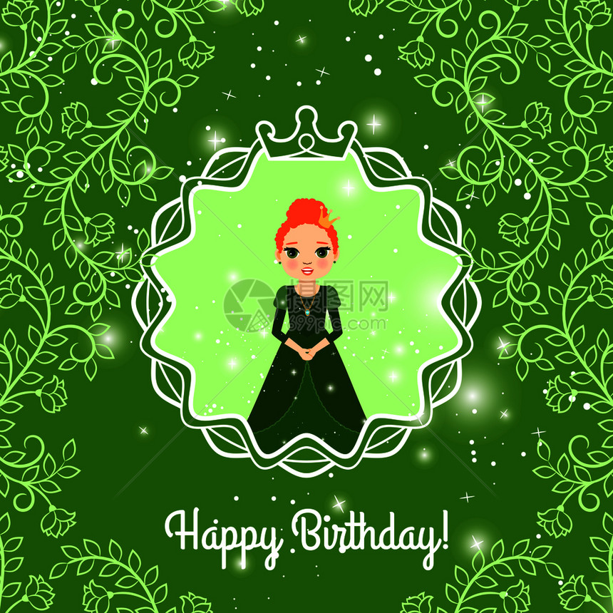 带童话公主和绿叶装饰品的圣诞快乐绿贺卡矢量说明与公主生日快乐绿贺卡图片
