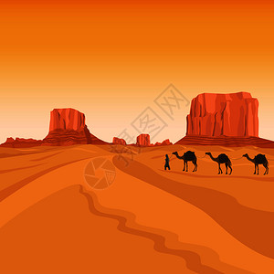 迪拜沙漠带沙丘和骆驼的山地沙漠矢量景观插画