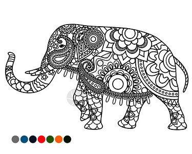 阿尼奇大象装饰曼达拉品的彩色页面配有样本大象装饰品配有彩色样本设计图片