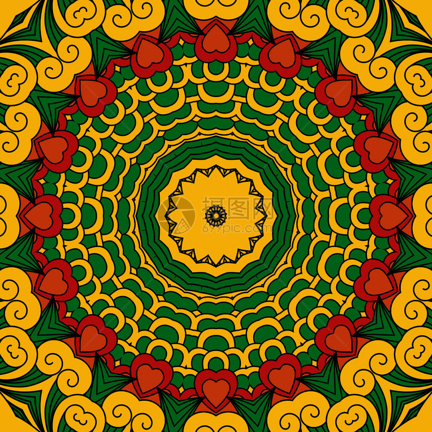 美丽的完整框架黄色和绿几何设计以圆形模式带有一排红心黄色几何设计图片