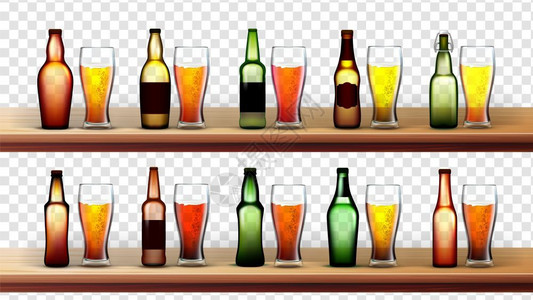 光瓶酒装有啤酒盒的瓶和杯子不同和杯装有空白标签的模型木制架上光和深啤酒杯在透明网格背景上孤立的图像3d插图装有啤酒瓶和杯子的不同和杯插画