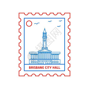 滨江商务区brisane市政厅邮票蓝色和红线风格矢量说明插画