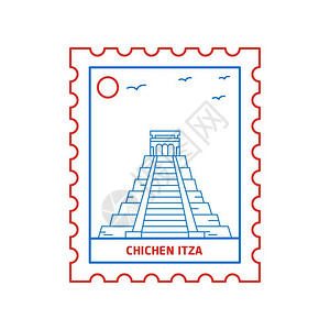 玛雅金字塔蓝色和红线风格矢量图解插画